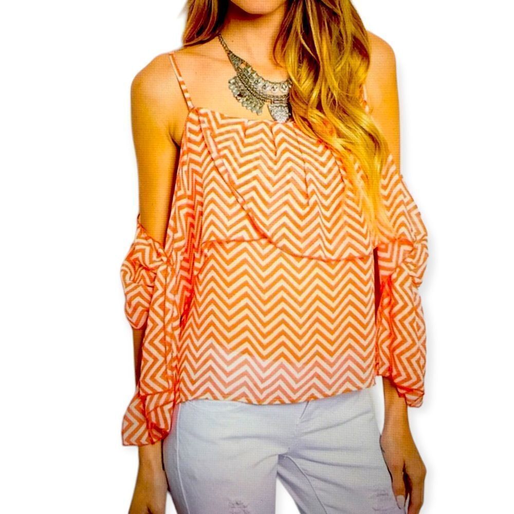Western Open Shoulder Round Neck Ruffled Bow Knot Sleeve Top NWT